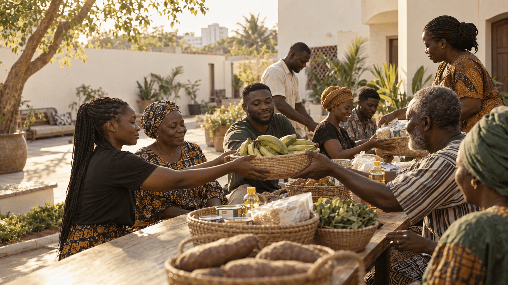 A community sharing food and practical supplies around a table