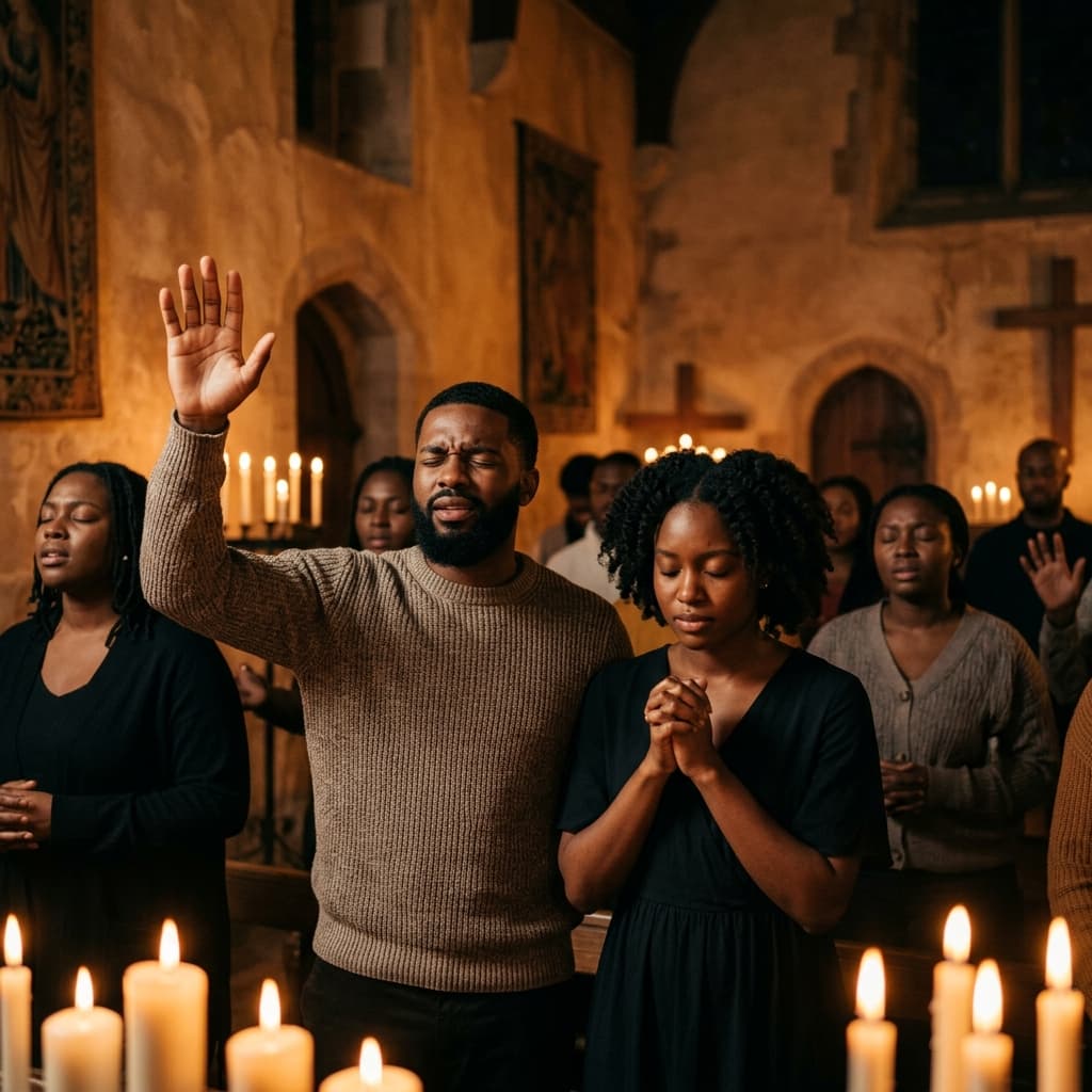A sincere community gathering in deep, intimate worship inside a warm, candlelit room.