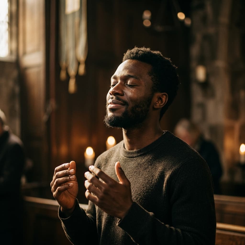 A Black man worshipping with deep devotion, eyes closed in profound prayer.