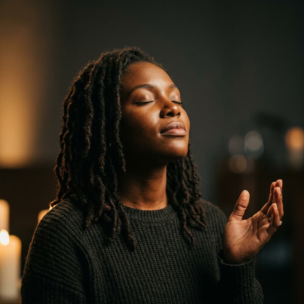 A Black woman lost in deep, intimate worship with eyes closed and hand gently raised in prayer.