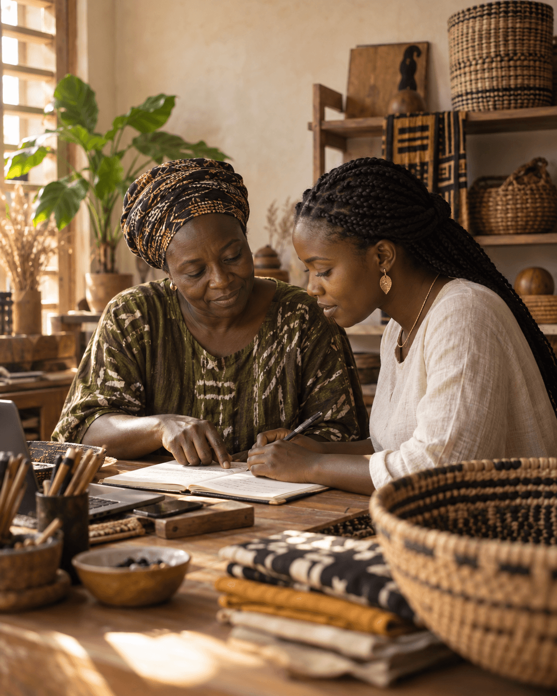 Two women working together on plans for a small business